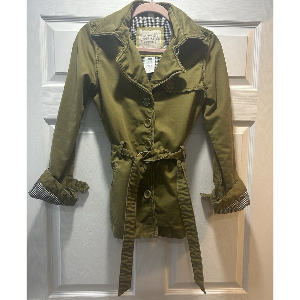 Levis Mid Length belted Trendy Fitted Trench Jacket Coat Olive Green Size Small - Picture 2 of 13